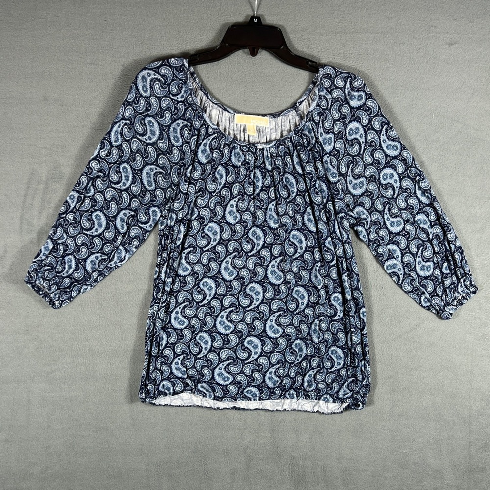 Michael Michael Kors Womens Blouse M Blue Paisley Peasant 3/4 Sleeve Gathered
